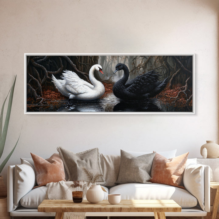 Black and White Swan Form  A Heart, Framed Canvas Print, Swan Painting, Black Swan Art, Dark Romance, Panoramic Art, Gothic Art
