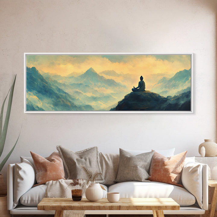 Buddha Meditating On The Mountain Framed Canvas Print, Zen Wall Art, Meditation Room Decor, Yoga Studio Decor, Panoramic Buddha Painting
