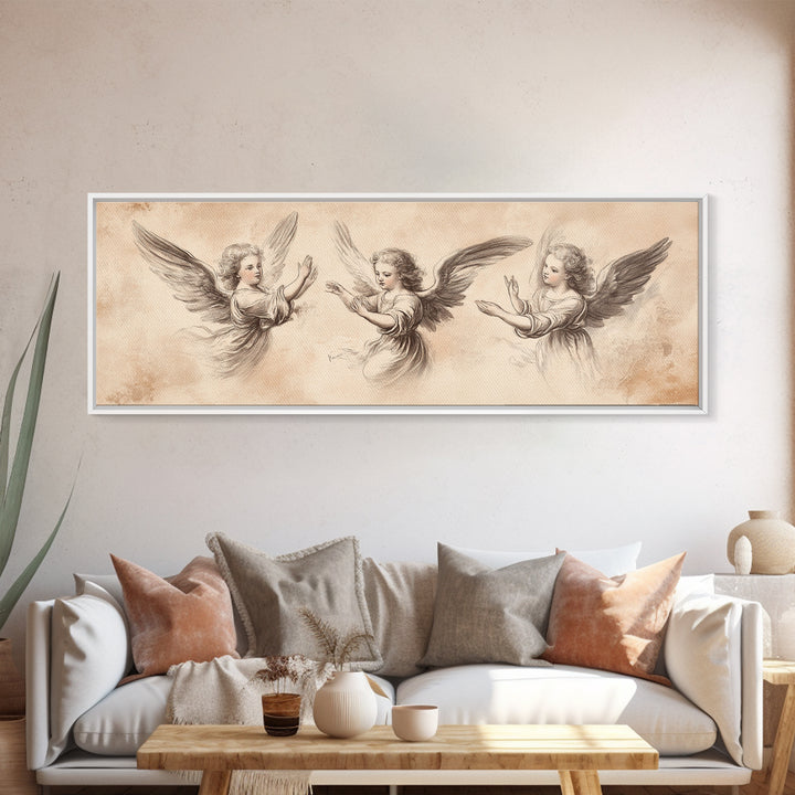 Painting of 3 Angels Canvas Print, Guardian Angels Wall Art, Angel Sketch, Angel Painting, Angelic Home Decor, Extra Wide Wall Art