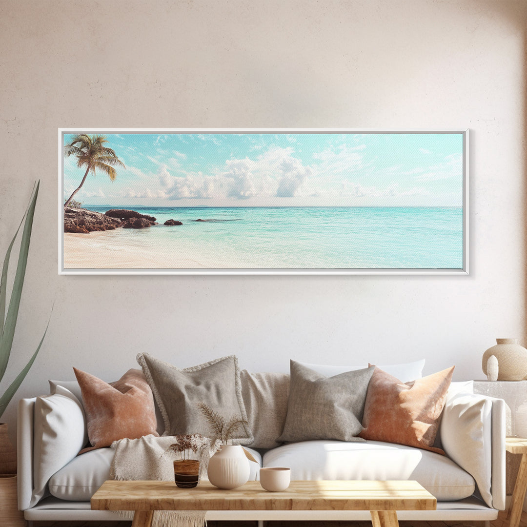 Panoramic Beach Photography Style Canvas Print, Beach House Wall Art, Beach Painting Print, Nautical Decor, Seascape Painting, Boho Art