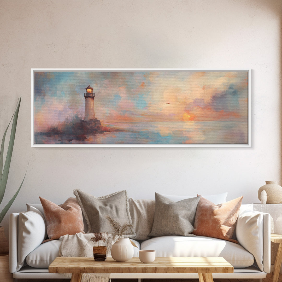 Nautical Home Decor, Whimsical Lighthouse Panoramic Painting Canvas Print, Seascape Painting, Light House Wall Art, Lighthouse Print