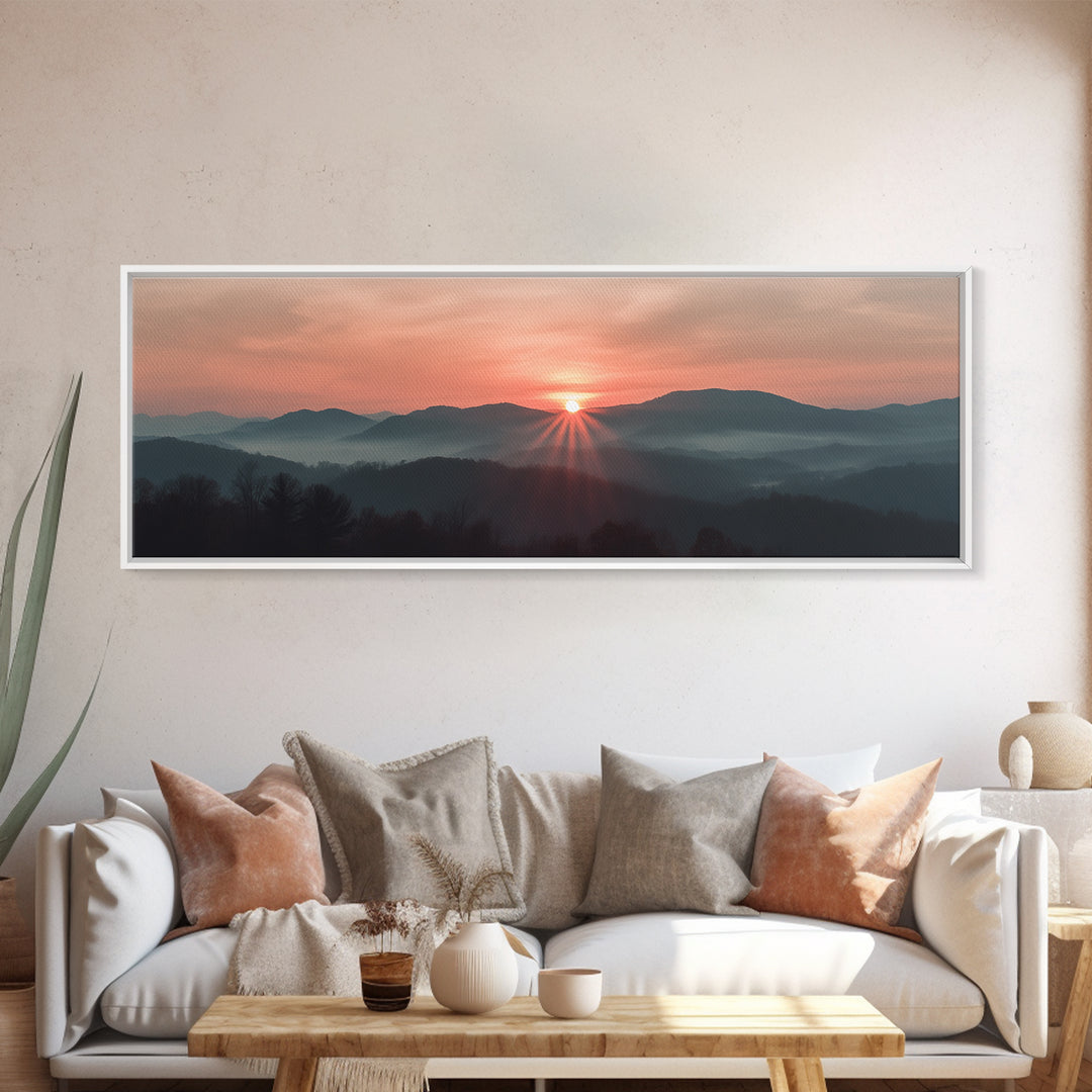 Smoky Mountains Art, Framed Canvas Print, Smoky Mountain Art Panoramic Painting Print, Great Smoky Art, Great Smoky Mountains
