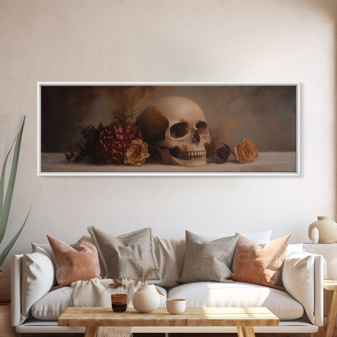 Dark Academia Oil Painting Print Stil Life of a Skull and Flowers, Gothic Home Decor, Goth Art, Witchy Decor, Halloween Art, Moody Decor