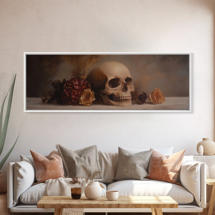 Dark Academia Oil Painting Print Stil Life of a Skull and Flowers, Gothic Home Decor, Goth Art, Witchy Decor, Halloween Art, Moody Decor