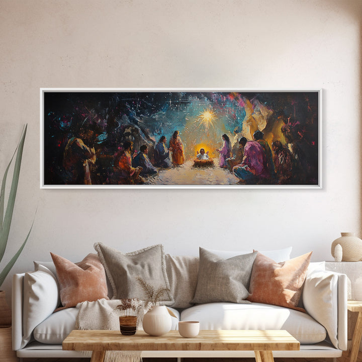 Panoramic Nativity Painting Print, Christmas Decor, Canvas Print, Retro Nativity Scene Oil Painting, Modern Art For Christmas