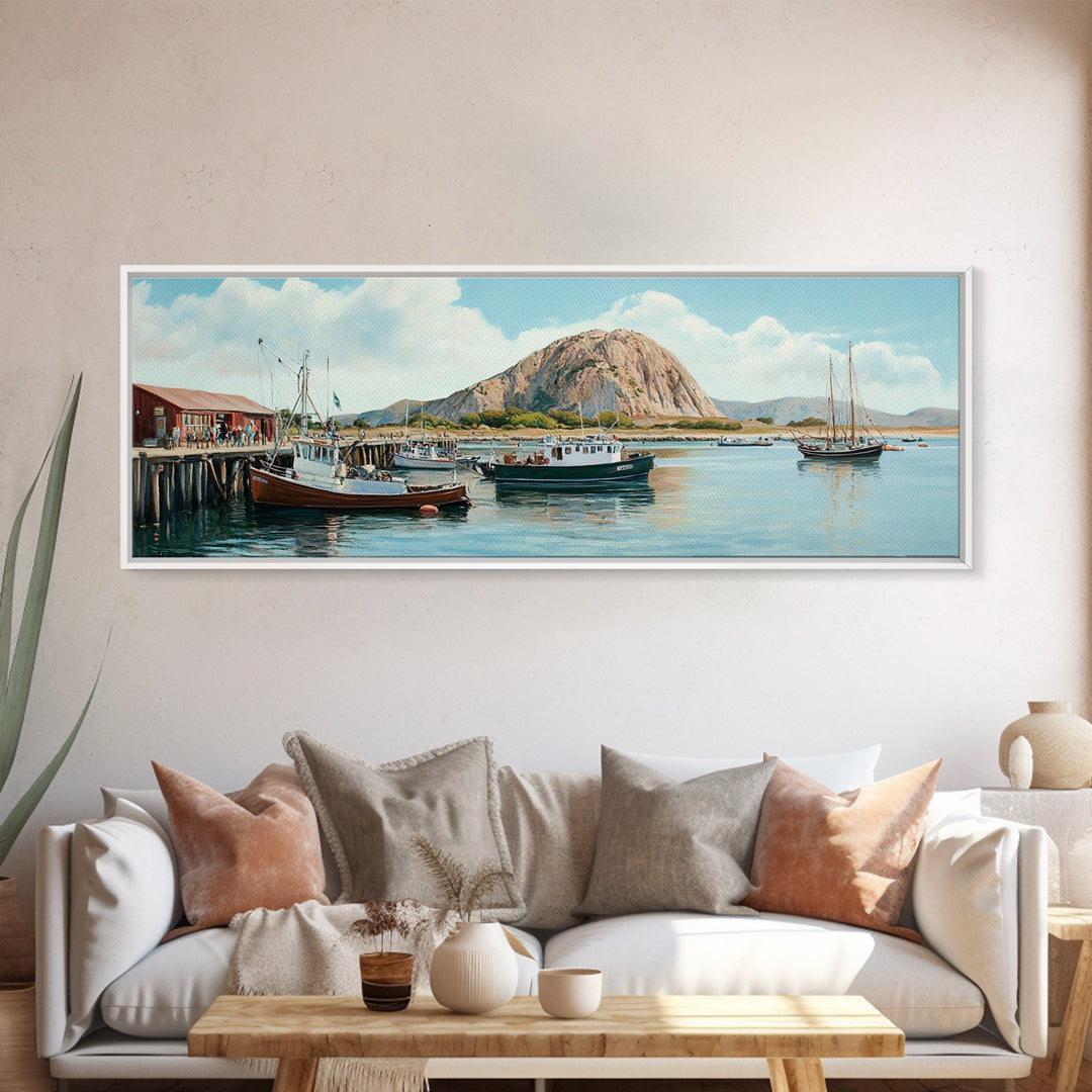 Morro Bay Panoramic Art, Nautical Landscape Painting, Canvas Print, Seascape Panoramic Painting, Seascape Landscape Wall Art Home Decor