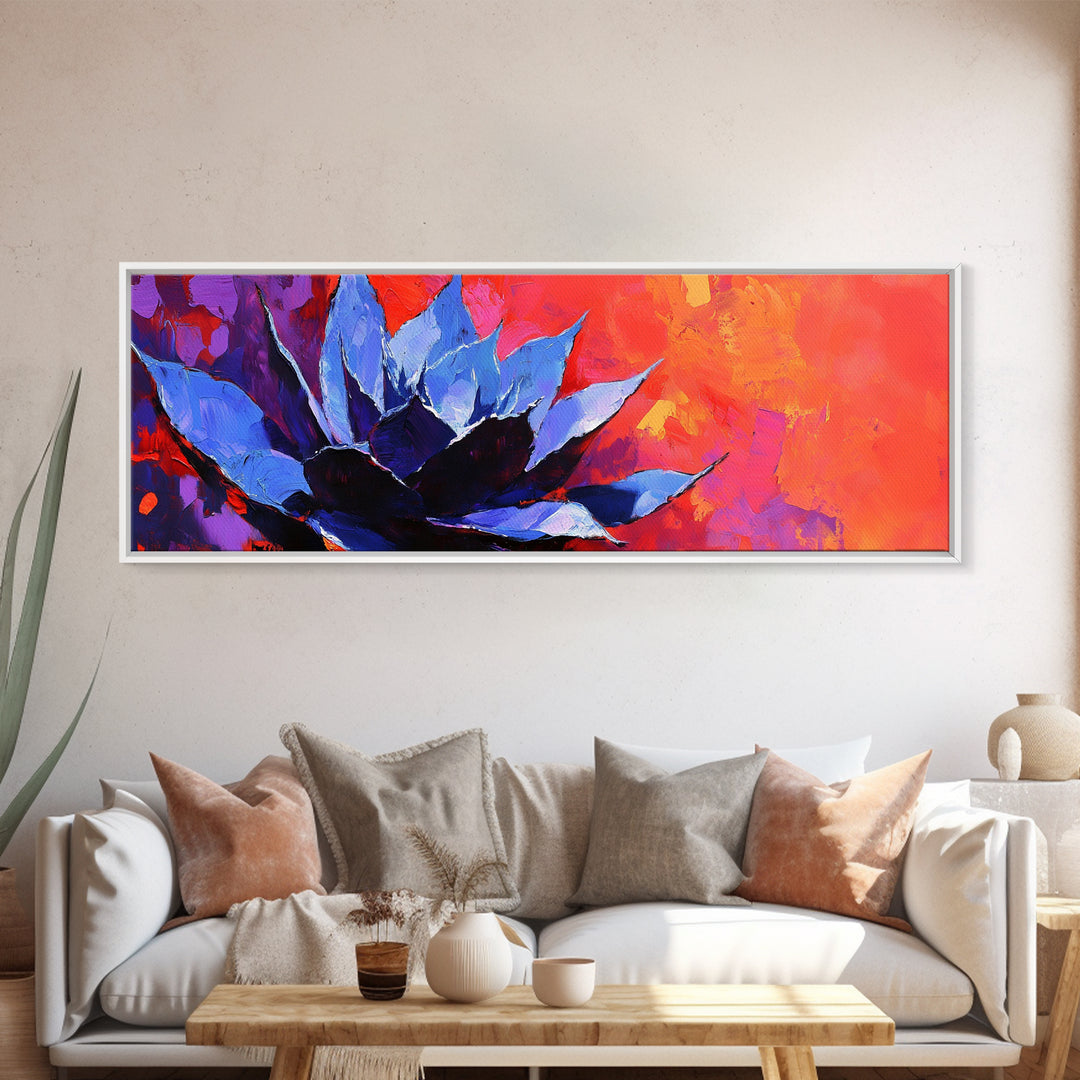 Blue Agave Plant Art Print Canvas Art Mexican Wall Art, Mexican Print, Chicano Art, Panoramic Botanical Wall Art, Colorful Desert Wall Art