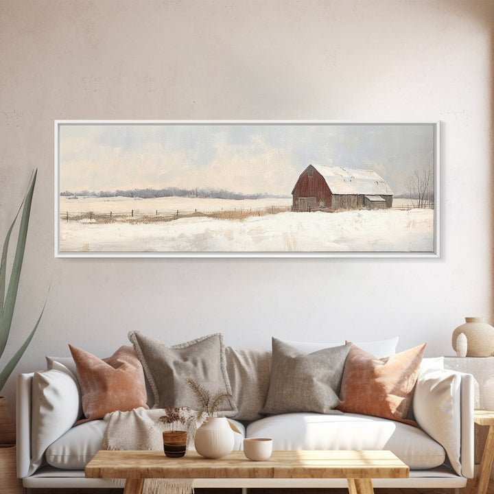 Barn Landscape Oil Painting Print - Retro Farm Wall Art - Village Wall Art - Old Red Barn In Winter - Winter Landscape - Winter Centerpiece Art