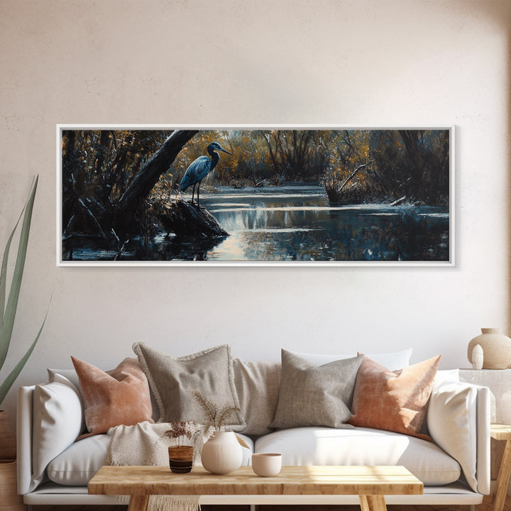 Blue Heron Wall Art, Framed Canvas Print, Nautical Home Decor, Blue Heron Painting, Panoramic Horizontal Wall Art