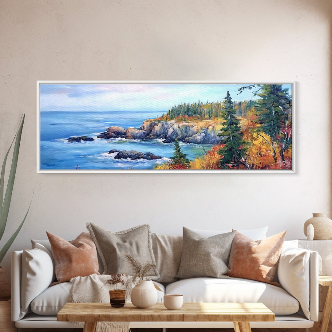 Acadia National Park, Framed Canvas Print, Acadia Watercolor Painting, Extra Wide Panoramic Wall Art, Horizontal Mountain Landscape Painting