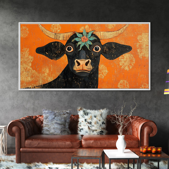 Abstract Wide Eyed Cow, Funny Art, Framed Canvas Print, Chicano Wall Art, Mexican Style Art, Farmhouse Decor, Cow Painting, Cow Print
