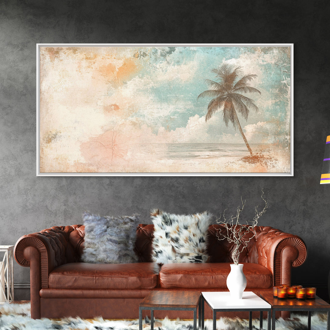 Distressed Painting Print of a Lone Palm Tree on a Beach, Framed Canvas Print, Retro Nautical Landscape Painting, Beach Wall Art, Beach Print