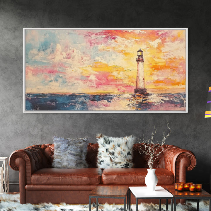 Nautical Seascapes Oil Painting Print, Nautical Landscape Painting, Beach Art, Light House Painting, Sunrise Oil Painting Print