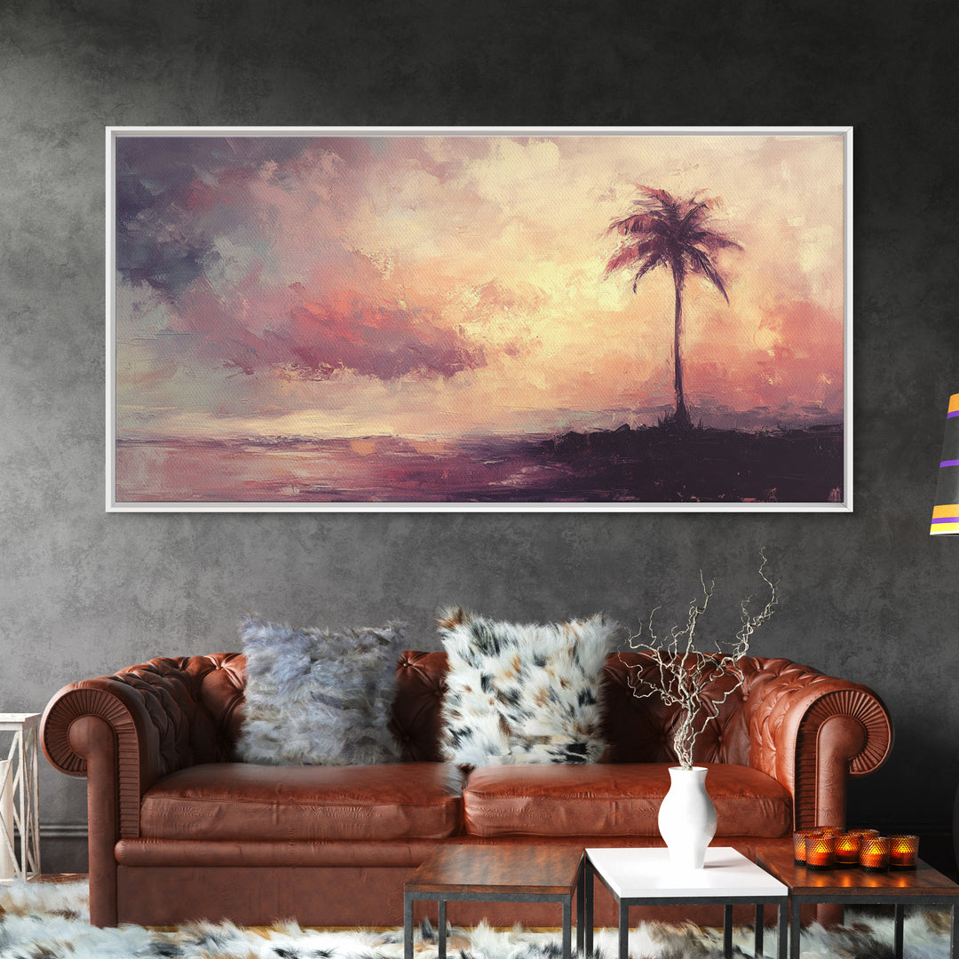 The Beach and the Palm Tree Framed Canvas Print, Nautical Home Decor, Nautical Nursery Art, Moody Beach Painting, Seascape painting