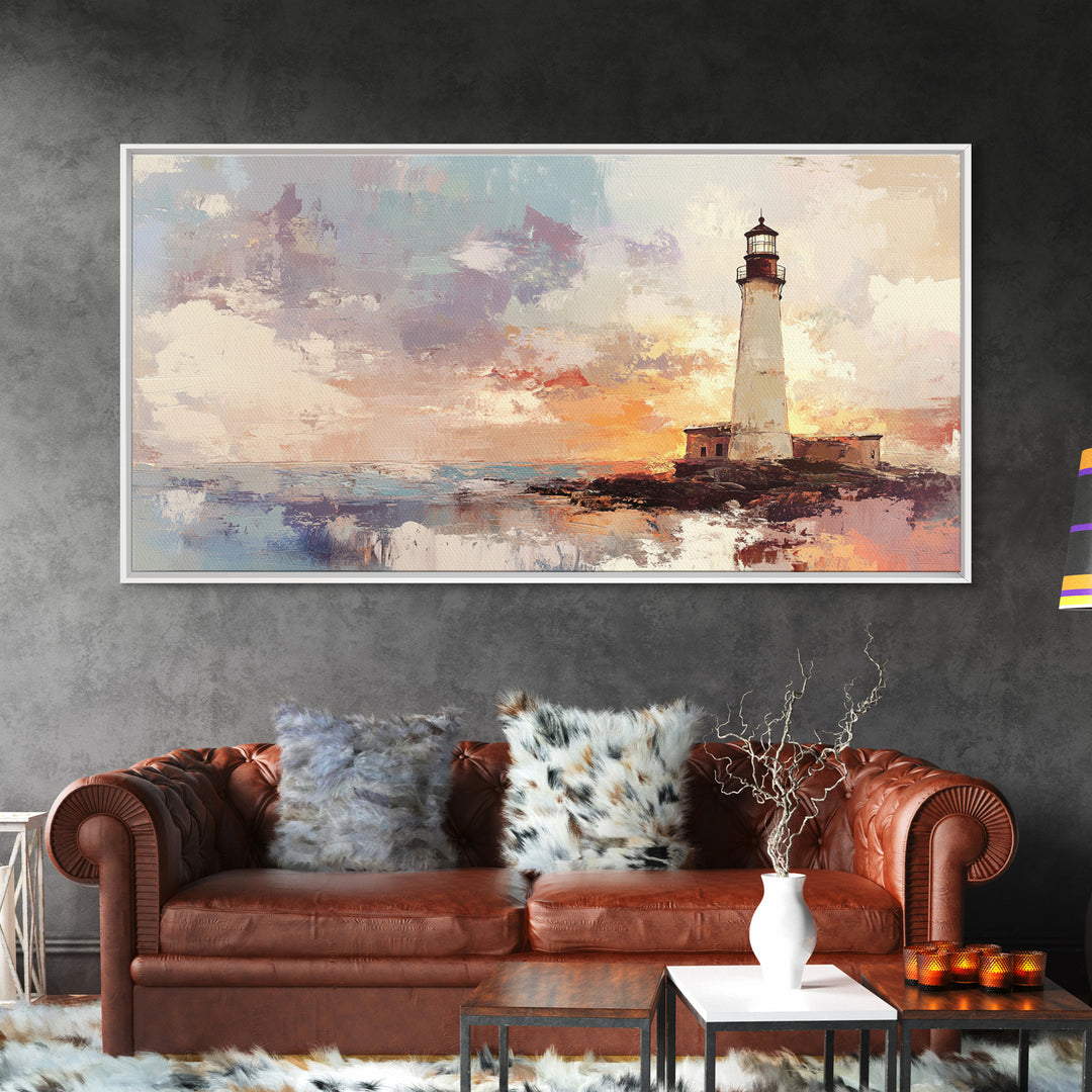 Abstract Oil Painting Print of a Light House, Framed Canvas Print, Nautical Themed Home Decor, Seascapes Painting