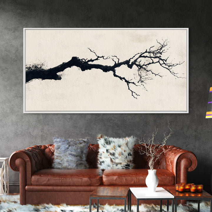 Black and White Wall Art, Framed Canvas Print, Dead Branch Painting on a Black Background, Charcoal Sketch, Charcoal Painting Wall Art