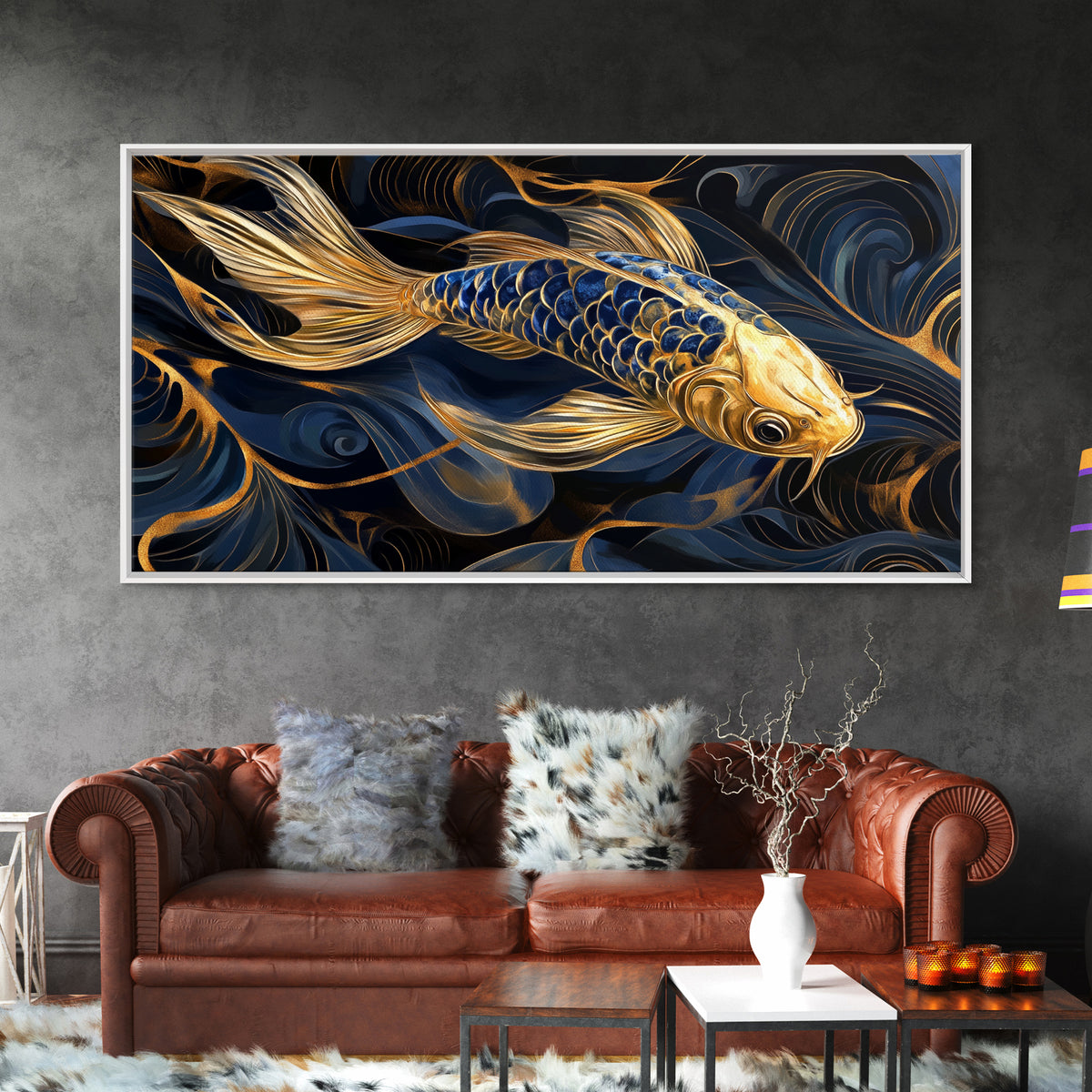 Black and Gold Koi Fish Framed Canvas Print, Wabi Sabi Style Home Decor, Koi Fish Painting Koi Fish Art, Modern Living Room Decor