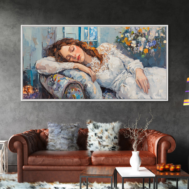 Decadent Young Woman Inspired Wall Art, Framed Canvas Print, Victorian Oil Painting Of a Woman Taking a Nap, Cute Bedroom Decor