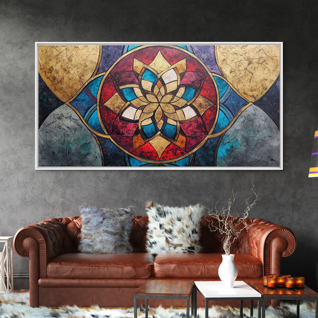 Abstract Textile Pattern Framed Canvas Print, Retro Wall Art, Scenic Decor, Statement Piece, Accent Piece Wall Art, Above Mantle Art