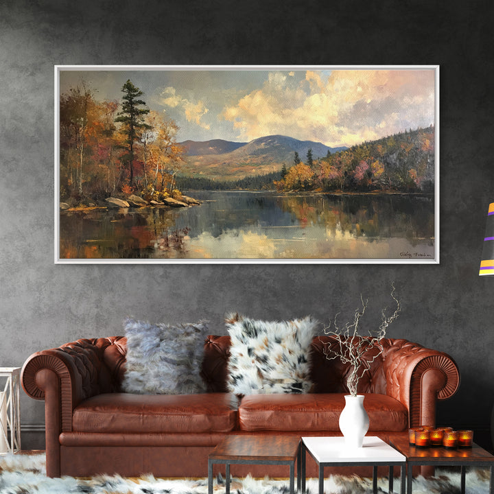 Mountains With Lake French Landscape Panoramic Oil Painting Canvas Print, Canvas with Wood Frame, Modern Living Room Wall Art