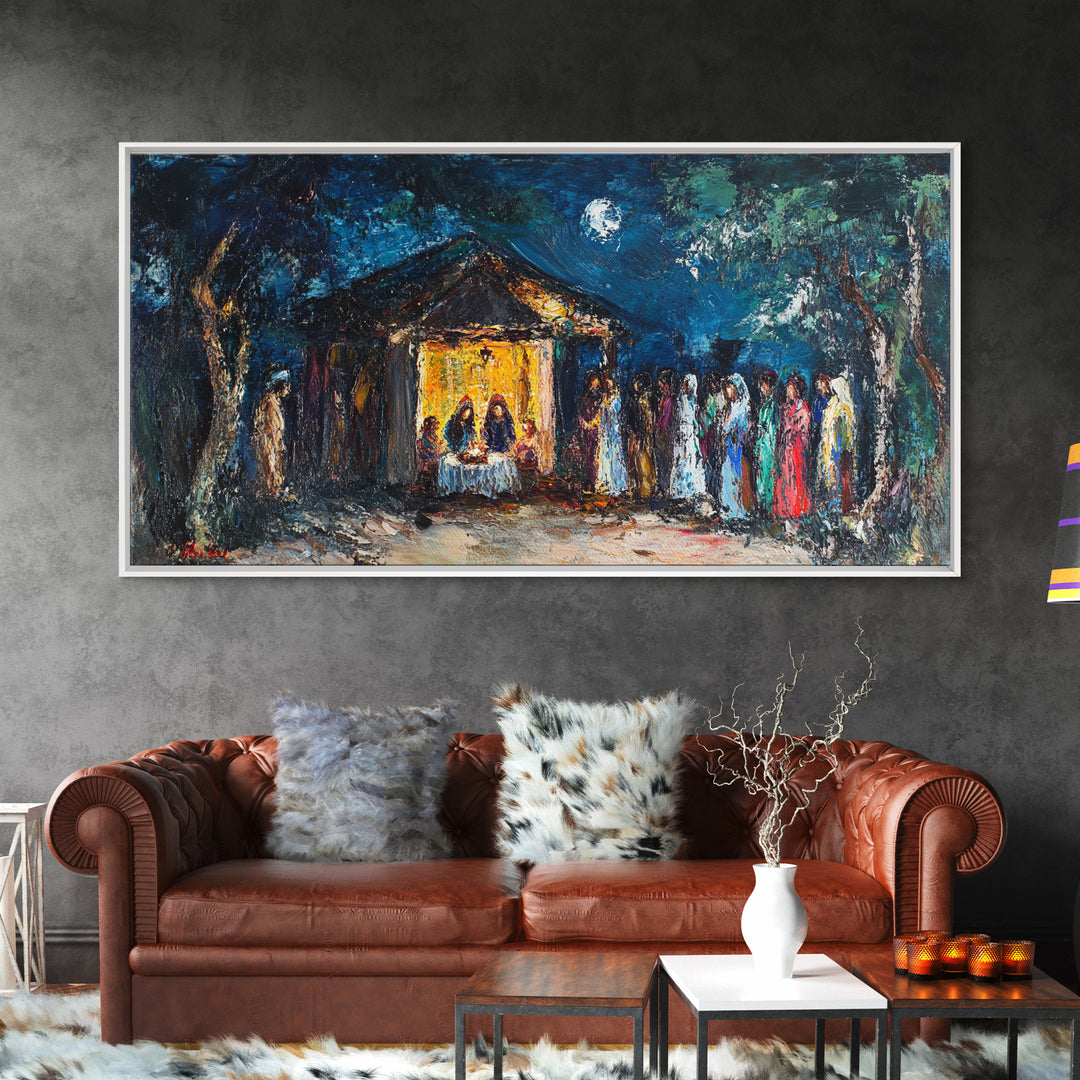 Abstract Oil Painting Print of The Nativity - Framed Canvas Print - Christian Christmas Wall Art - Wood Framed Art - Above Mantle Art