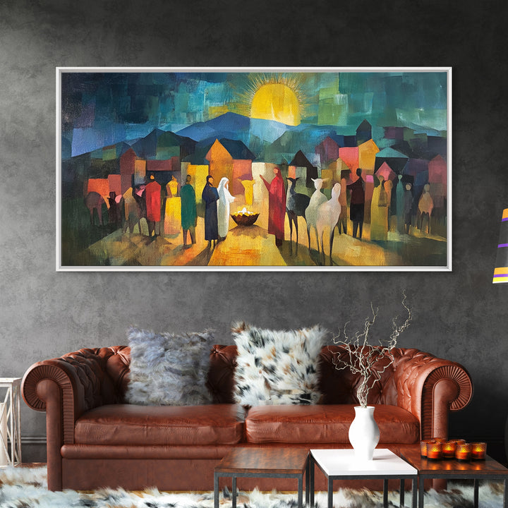 Christmas Nativity Scene Art Print - Framed WalL Art Canvas Print - Mary, Joseph and Baby Jesus in Bethlehem Abstract Oil Painting Print