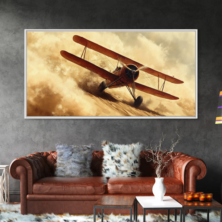Biplane Taking Off In a Sandstorm, 1920s Airplane Painting, Retro Airplane Wall Art, Gift For Him, Office or Man Cave Wall Art