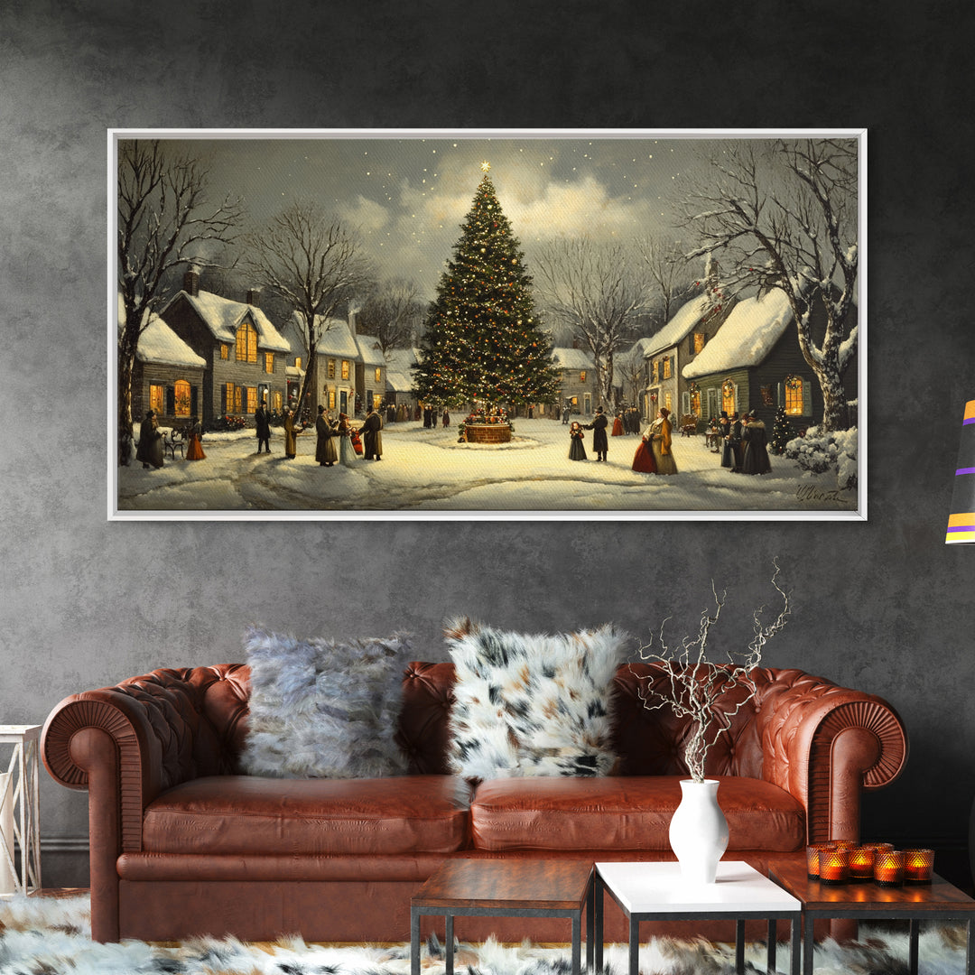 Christmas Village Framed Canvas Print Winter Decor, Canvas Wall Art, Victorian Christmas Oil Painting, Christmas Village Art
