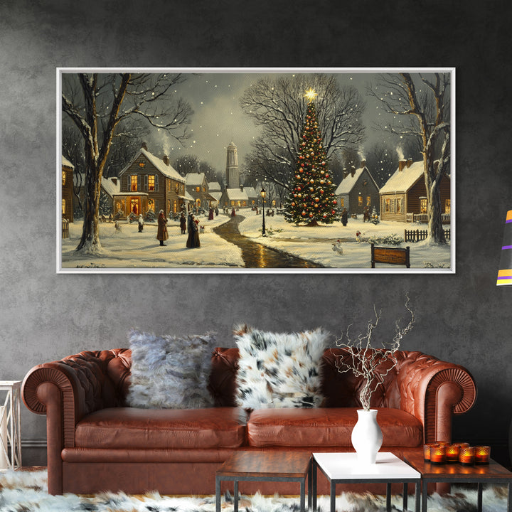 Christmas Sceneary Wall Art Framed Canvas Print, Winter Wall Art, Christmas Village Painting, Victorian Christmas Oil Painting, Horizontal Art