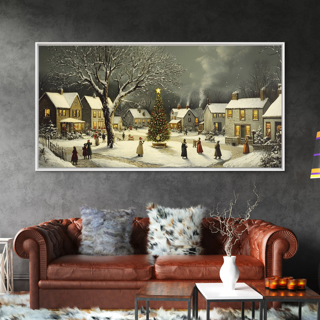 Bustling Christmas Street Scene Oil Painting Canvas Print, Snowy Holiday Night, Festive Victorian Christmas Village Oil Painting, Christmas Decor