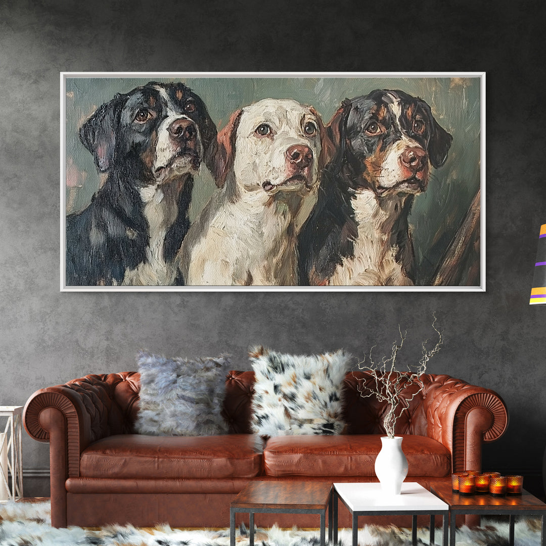 Cute Hunting Dogs Framed Canvas Print, Hunting Dogs Oil Painting, Modern Farmhouse, Traditional Home Decor, Rustic Wall Art, Dog Lover Gift