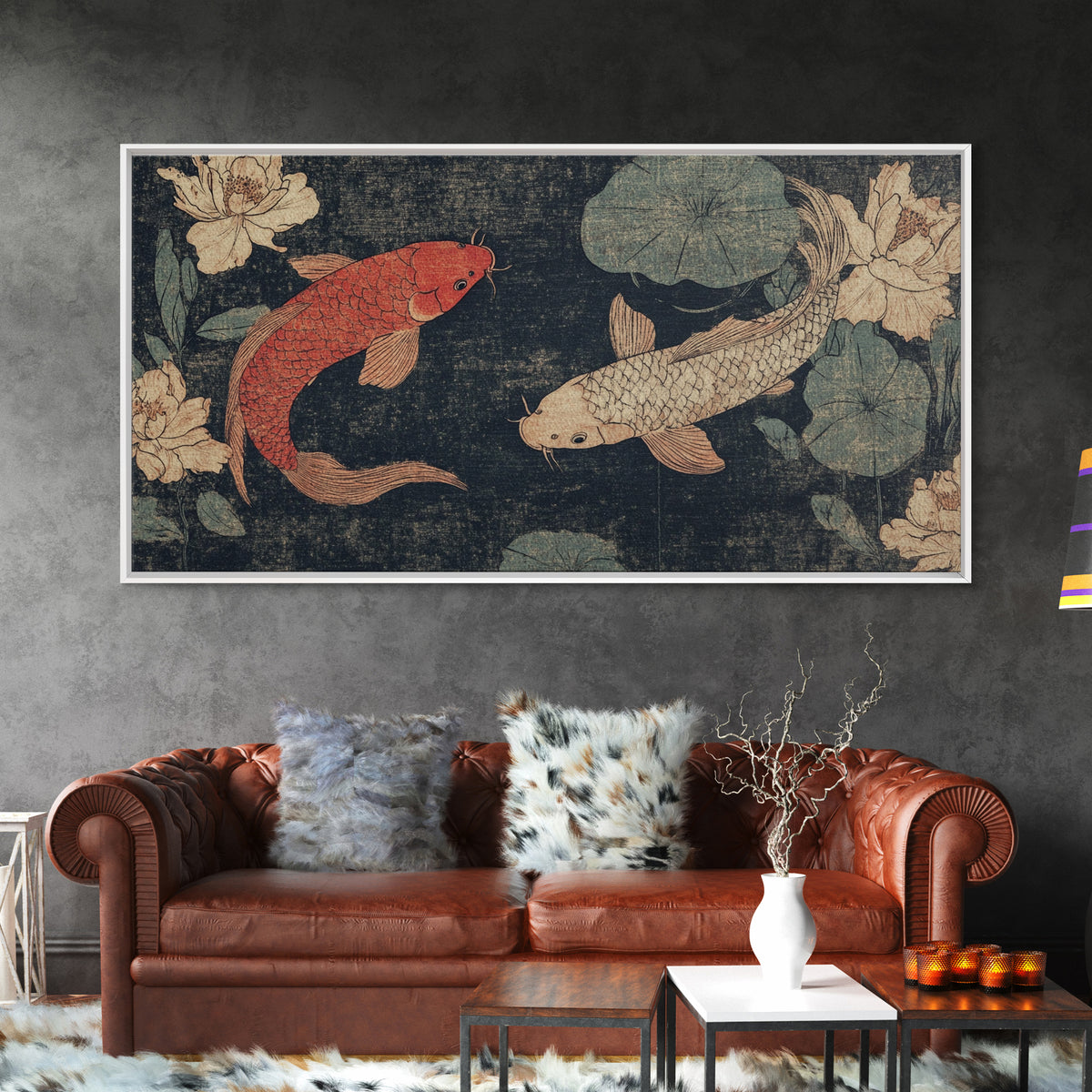 Wabi Sabi Koi Fish Painting Print, Japanese Style Artwork, Elegant Wall Art, Living Room or Bedroom Wall Art, Ready To Hang Canvas