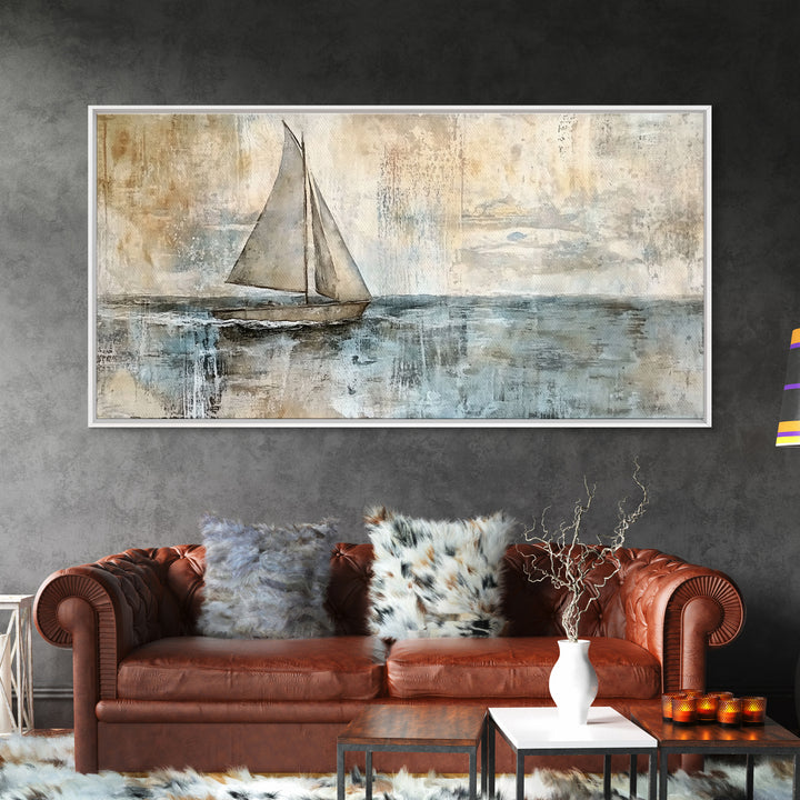 Coastal Sailboat Painting Print, Ready To Hang Art, Framed Canvas, Coastal Art Print For Beach House Decor, Wabi Sabi Sailboat, Inspired Ocean