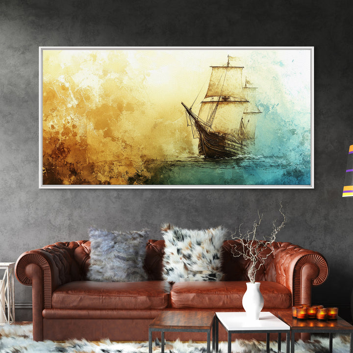 Abstract Pirate Ship Nautical Decor Framed Canvas Print - Nautical Wall Decor - Sailboat Painting - Neutral Wall Decor - Coastal Wall Art