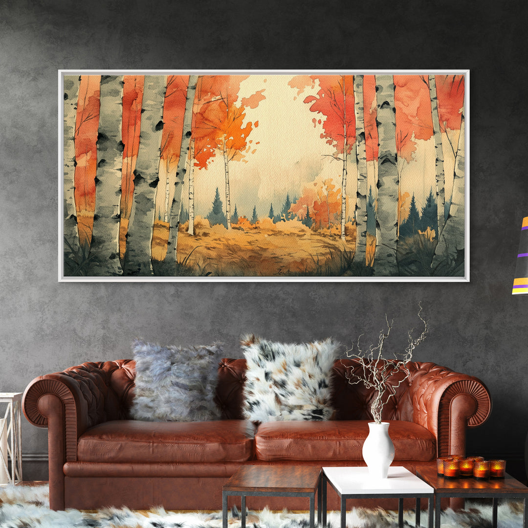 Birch Tree Landscape Painting Print, Accent Piece, Accent Wall Art, Autumn Landscape Canvas Print, Birch Forest Art, Watercolor Birches