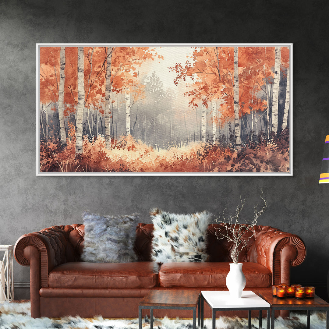 Aspen Landscape, Autumn Forest Print, Birch Tree Painting Framed Canvas Print, Ready To Hang Wall Art, Modern Abstract Nature Wall Art