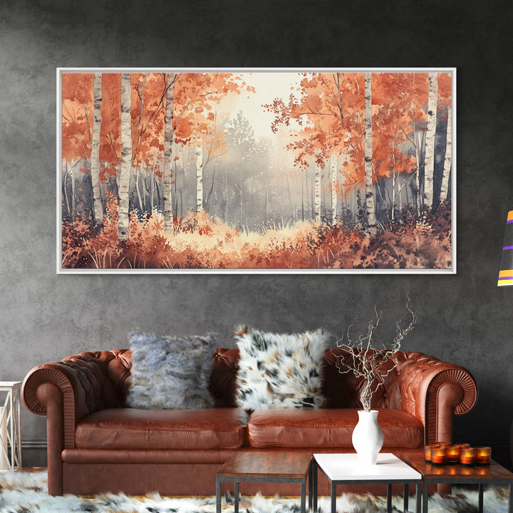 Aspen Landscape, Autumn Forest Print, Birch Tree Painting Framed Canvas Print, Ready To Hang Wall Art, Modern Abstract Nature Wall Art