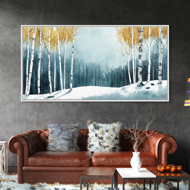 Birch Tree Forest in Winter Framed Canvas Print Ready To Hang Wall Decor, Winter Art, Winter Decor, Birch Painting, Aspen Trees Forest Art