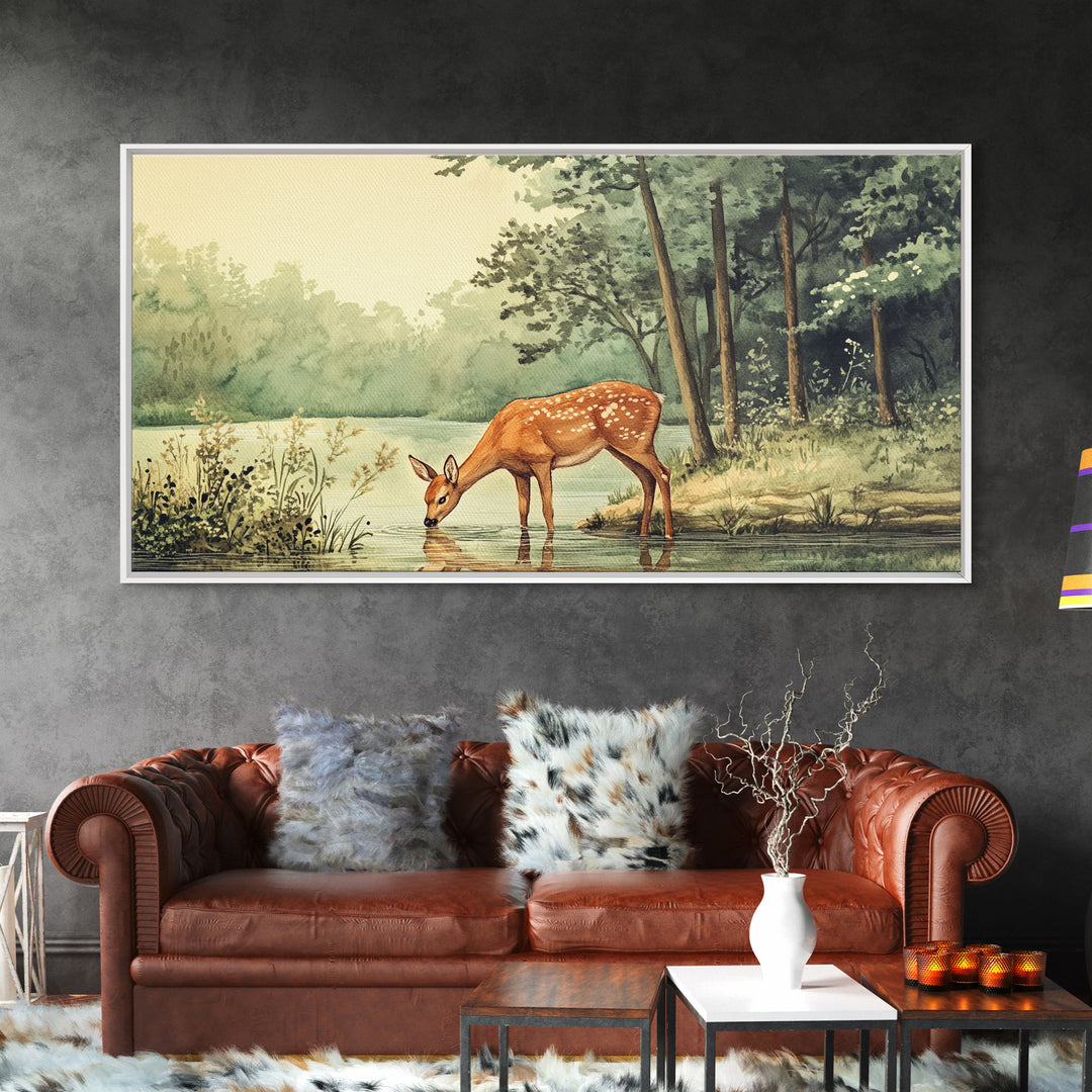 Deer Drinking Water in Forest Painting Print, Deer Painting, Cabin Decor, Cabin Wall Art, Framed Canvas Print, Nature Lover Gift, Nature Art