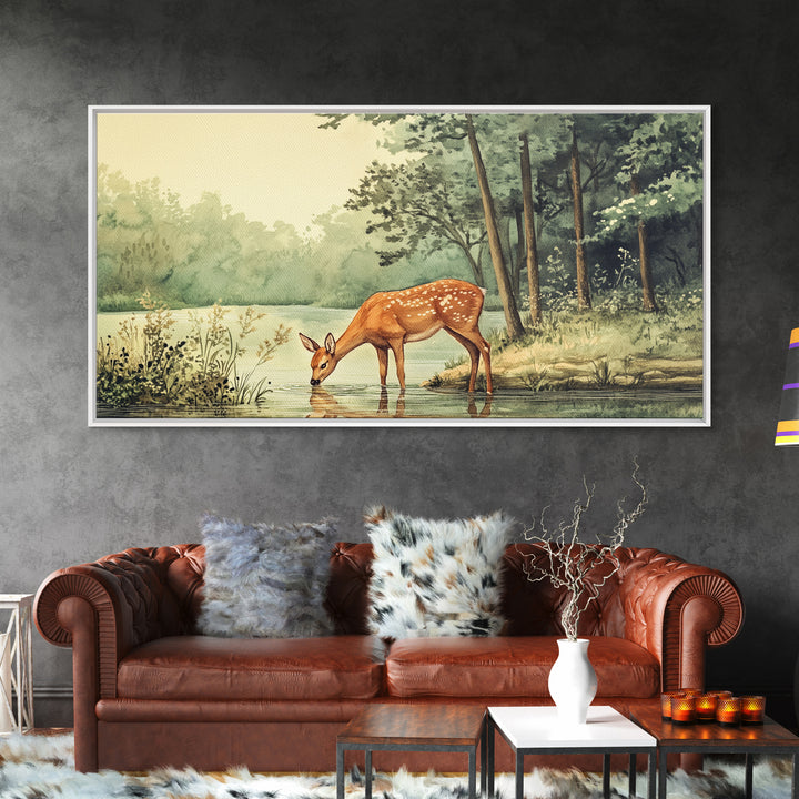 Deer Drinking Water in Forest Painting Print, Deer Painting, Cabin Decor, Cabin Wall Art, Framed Canvas Print, Nature Lover Gift, Nature Art