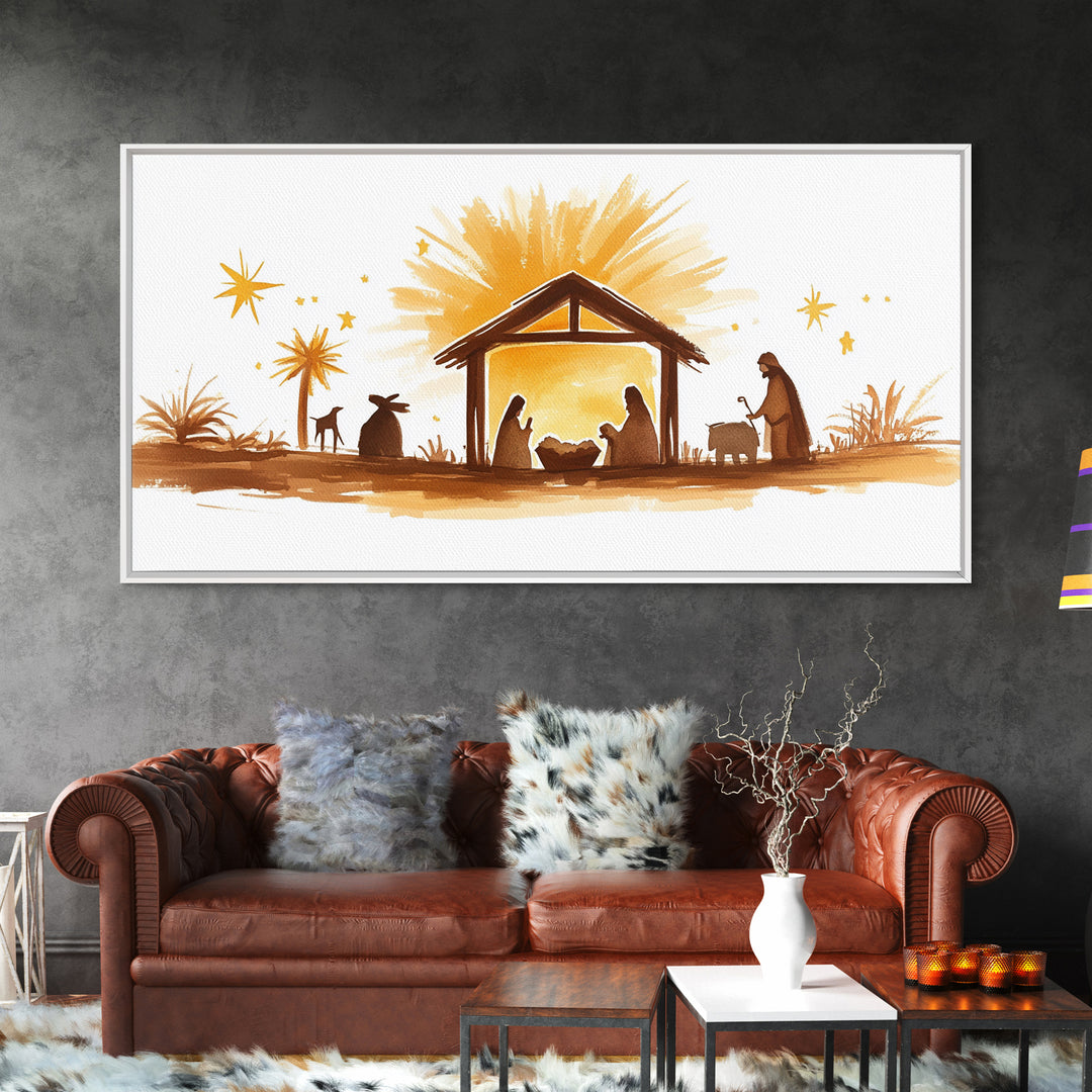 Cute Nativity Watercolor Painting Canvas Print - Framed Wall Art - Ready To Hang - Christmas Nativity Centerpiece Wall Art