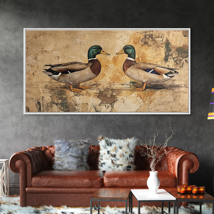 Cute Kissing Mallard Ducks - Rustic Farmhouse Wall Art - Framed Canvas Print - Gift For Hunter or Outdoorsman - Cabin Art - Cabin Decor