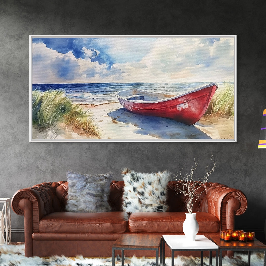 Coastal Decor - Painting of a Canoe On The beach Framed Canvas Print - Maine Painting - Maine Wall Art - Coastal Home Decor - Beach Art