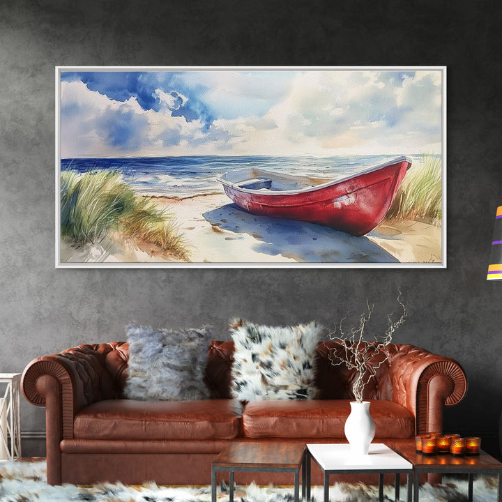 Coastal Decor - Painting of a Canoe On The beach Framed Canvas Print - Maine Painting - Maine Wall Art - Coastal Home Decor - Beach Art