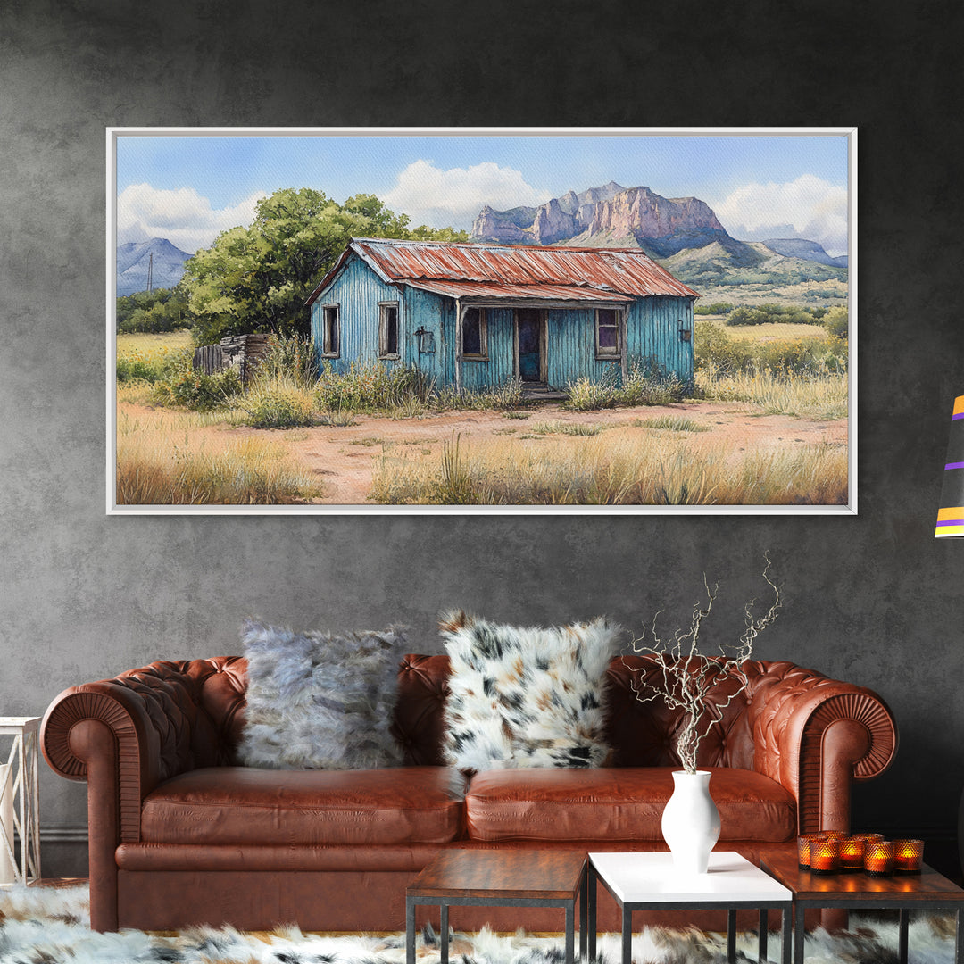 Abandoned Cabin In The Nevada Desert - Framed Canvas Print - Kitsch Wall Art - Desert Landscape Painting - Barn Oil Painting - Desert Art