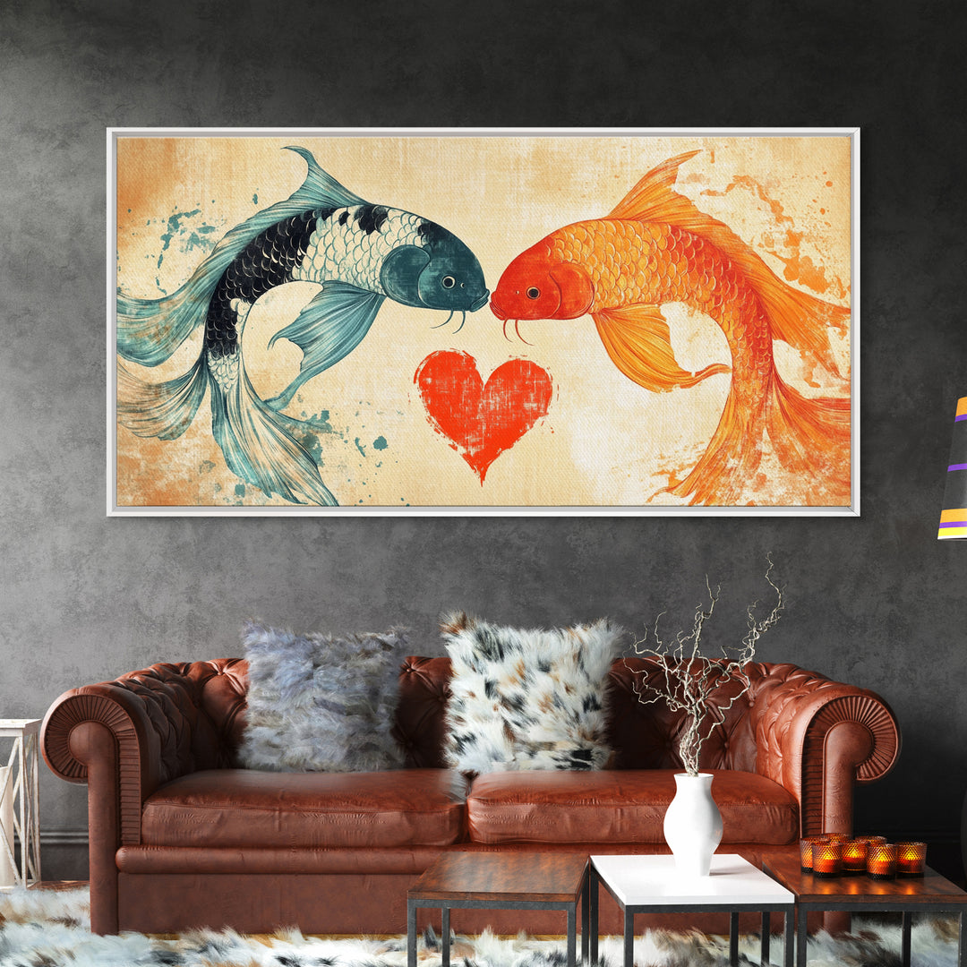 Cute Koi Fish Kissing - Couple Gift Idea - Framed Canvas Print - Valentine's Day Wall Art - Wall Art For Couples - Engagement Gift Idea