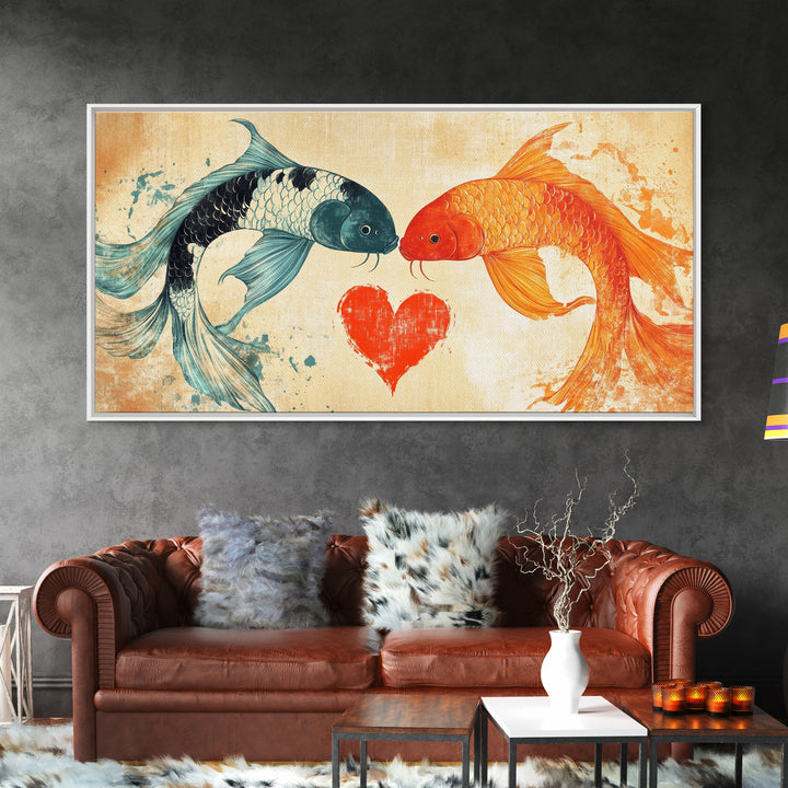 Cute Koi Fish Kissing - Couple Gift Idea - Framed Canvas Print - Valentine's Day Wall Art - Wall Art For Couples - Engagement Gift Idea