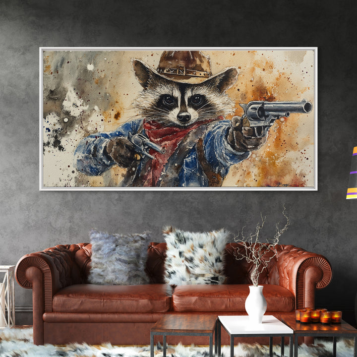 Rootin' Tootin' Cowboy Shootin' Wildwest Cowboy Raccoon Canvas Print - Racoon Painting - Cowboy Raccoon