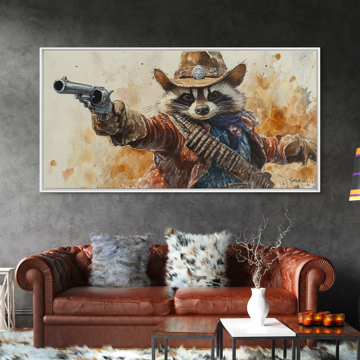 Rootin' Tootin' Cowboy Shootin' Wildwest Cowboy Raccoon Canvas Print - Racoon Painting - Cowboy Raccoon - Wild West Art