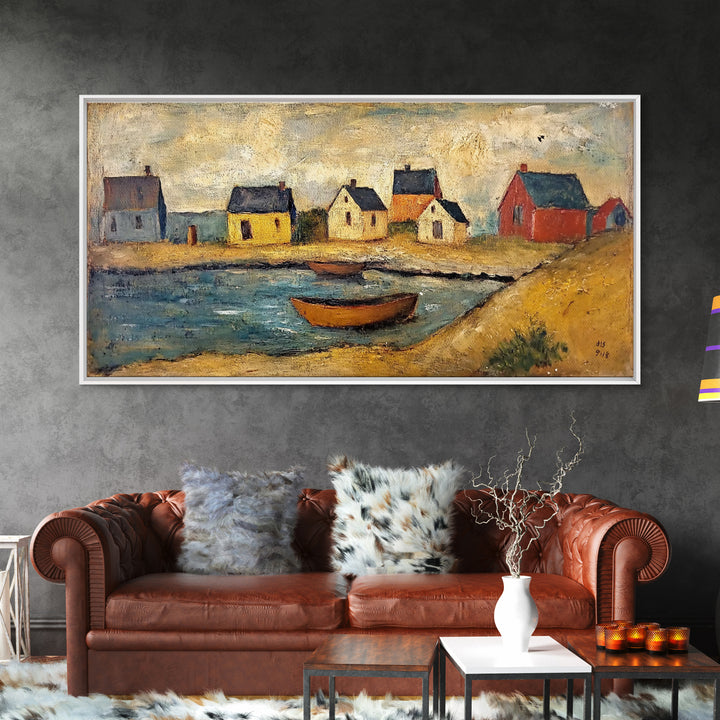 Nautical Landscape Canvas Print, 19th Century Folk Art Seascape Painting, Nautical Decor, Retro Minimalist Seaside Village Oil Painting